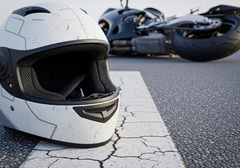 Fototapeta premium High-resolution motorcycle accident scene with helmet on road