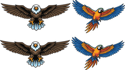 Obraz premium Colorful Eagle and Parrot Flying Illustration Set Featuring Spread Wings Birds for Wildlife, Mascot, Tropical, and Nature Themed Design Projects.