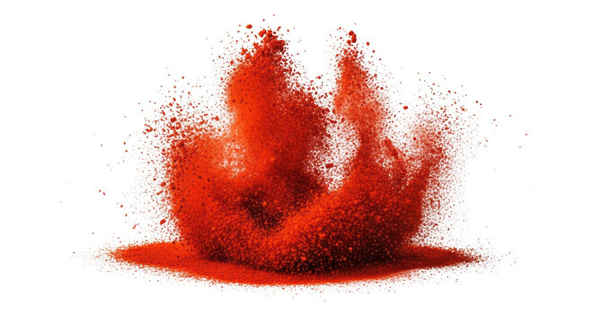 Vibrant red powder explosion on white background, dynamic chili spice burst with flying particles, intense crimson pigment splash for culinary design