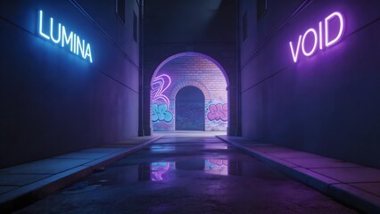 Naklejka premium Neon lit alleyway with graffiti