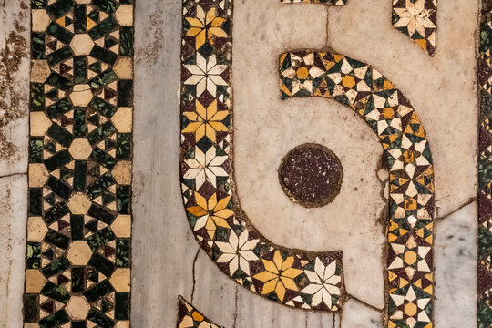 mosaic floor, made using the opus sectile technique, San Cataldo Church, 12th century,  Palermitan buildings in the Arab-Norman style,  World Heritage Site, Palermo, Sicily, Italy