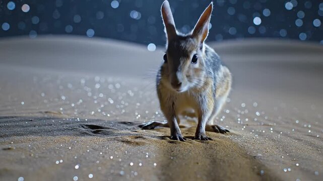 Desert Jerboa Standing on Sand at Night with Sparkling Effect