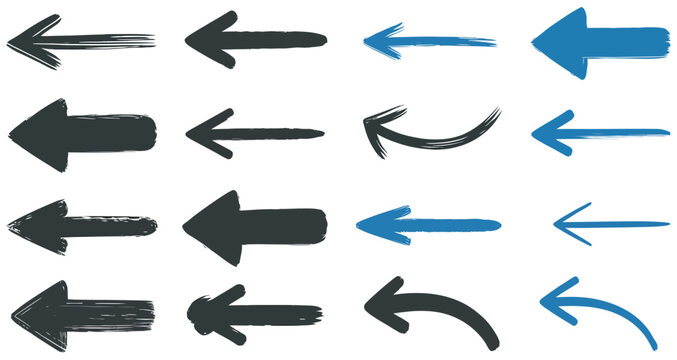Collection of hand-drawn and solid arrow icons pointing left in various styles and colors