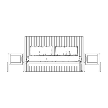Front view outline of a queen bed with two side tables, illustrated in clean elevation line drawing highlighting balanced bedroom furniture composition.