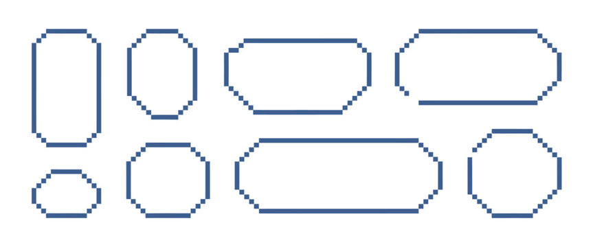 Pixel text box vector illustration in bright blue style for empty pixelated frames, retro 8 bit borders, and speech chat bubble design
