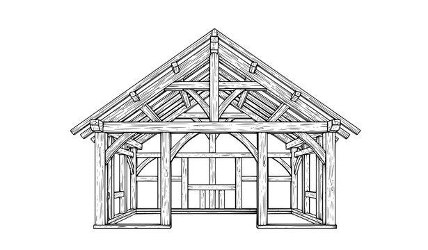 Black and white timber frame house structure with exposed wooden beams and roof trusses architectural vector illustration