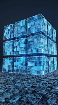 Floating modular blue data blocks stacked in layered cube formation over a dense grid conveying scalable storage units and virtual infrastructure in a cyber environment