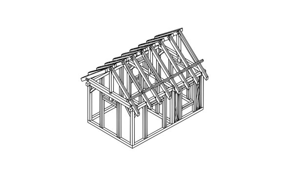 Isometric timber frame house construction with wooden beams and trusses black and white vector illustration