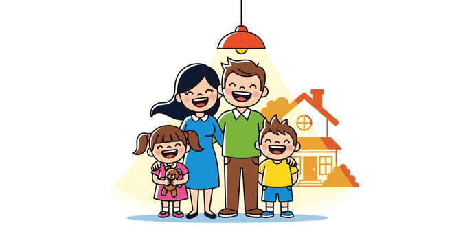 A cartoon family standing in front of house.
