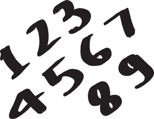 Fototapeta premium Handwritten numbers one through nine scattered across white background. Each digit unique in style and size. Appears randomly arranged
