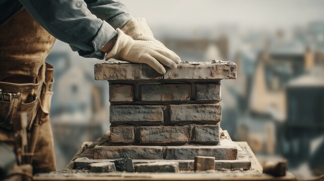 Chimney inspection and repair, technician examining and rebuilding brick chimney top with gloved hands and mortar, roofline in background, conveying maintenance and safety.