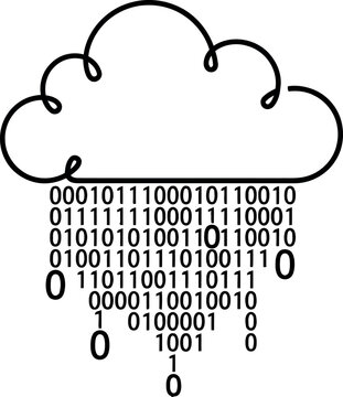 A stylized cloud is depicted raining down streams of binary code (zeros and ones), clearly symbolizing modern cloud computing, digital data, information technology, and the digital age.