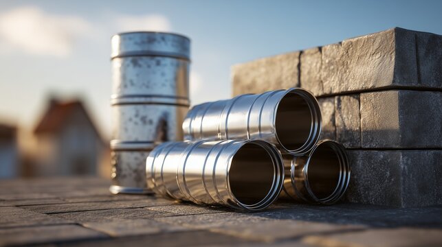 Shiny stainless steel chimney liner sections staged beside mortar joint on roof, highlighting toolless assembly and safety for flue retrofit.