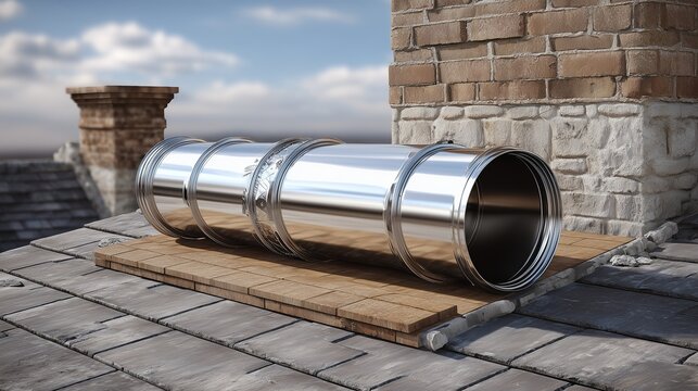 Stainless steel chimney liner on roof near stone chimney, showing protective padding and rooftop safety context for installation and inspection.