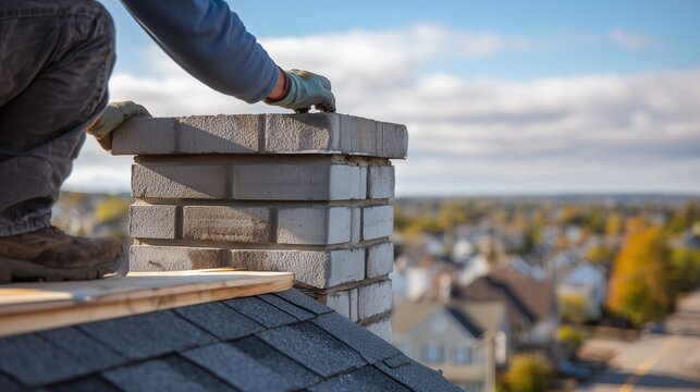 Roofer inspecting and repairing brick chimney cap on residential roof, tools and protective glove visible, symbolizing chimney repair and inspection service.