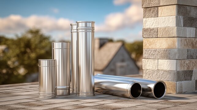 Stainless chimney liner section on rooftop with multiple cylindrical pipe segment and cap, conveying chimney repair, venting upgrade, and flue safety.