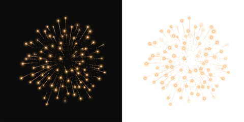 Naklejka premium Golden firework burst with radiant light trails and scattered spark particles on a transparent background, perfect for celebration, holiday, party and festive design projects, overlays, and promotion