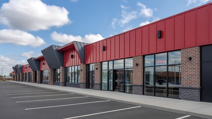 Fototapeta premium Modern empty commercial storefront buildings with parking lot under blue sky