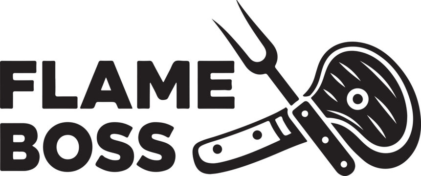 Black and white steak branding icon, flame grill logo, BBQ meat label, fork and knife vector
