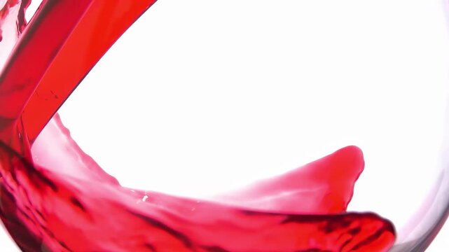 Red wine pouring in a wave against a white background. Grape juice. Pomegranate juice. Close-up. Slow motion. High quality 4k footage