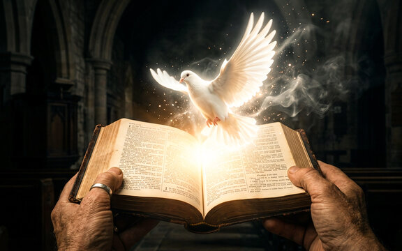 Holy Spirit Dove Rising from Open Bible. Divine Light Christian Faith Concept