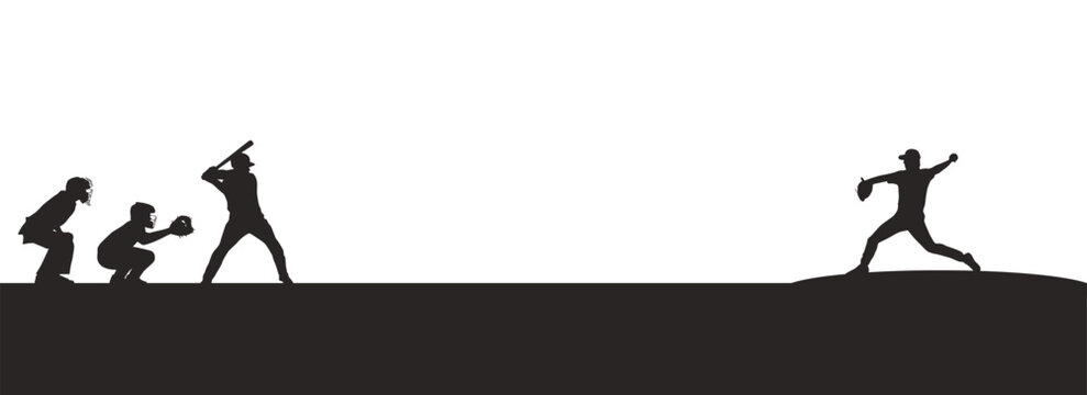 baseball silhouette scene with pitcher batter and catcher on field sports vector