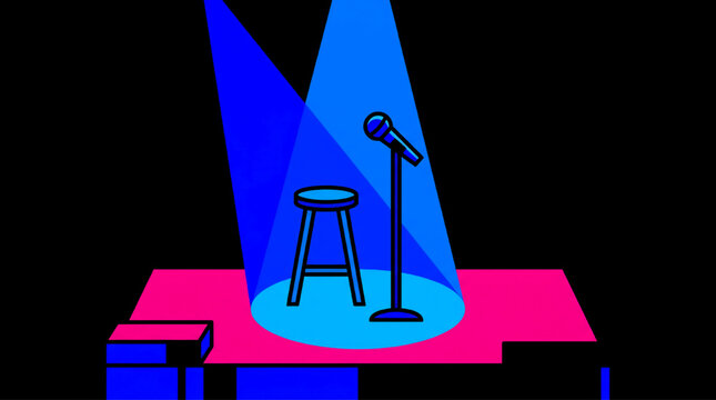 Microphone on a stool in a spotlight for stand-up comedy
