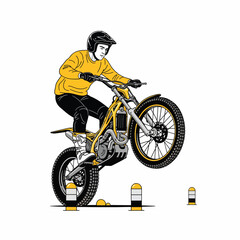 Fototapeta premium Illustration of a motorcyclist in a yellow jacket and black helmet navigating a bike over traffic cones on a white background.