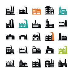 Obraz premium Factory Icons Set: Industrial Buildings, Manufacturing Plants, Power Plants, Production Facilities