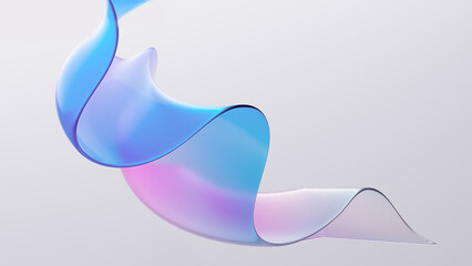 Glass iridescent ribbon wave flowing across white background. Minimal tech aesthetic futuristic fluid geometry for marketing banner and technology presentation. 3d rendering