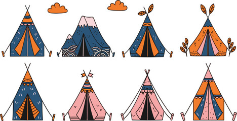 Cute Cartoon Teepee Tent Collection Featuring Tribal Camping Tents with Mountain Elements for Kids Adventure, Boho Style, and Outdoor Themed Design Projects. © MstSuborna