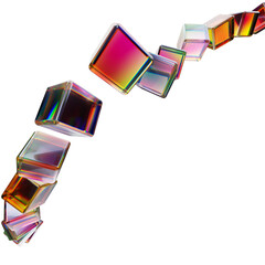 Fototapeta na wymiar Floating glass cubes with iridescent reflections arranged in curved motion over minimal background representing data flow and digital connectivity. 3d rendering