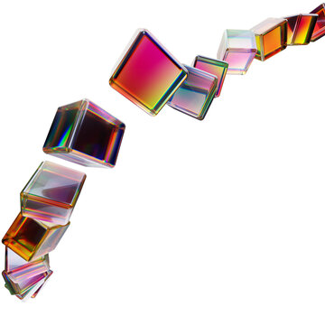 Floating glass cubes with iridescent reflections arranged in curved motion over minimal background representing data flow and digital connectivity. 3d rendering