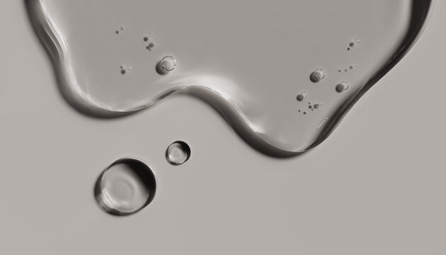 Transparent facel serum puddle and drops on neutral background. 3d rendering cosmetic shampoo gel with collagen, niacinamide, hyaluronic acids ingredients