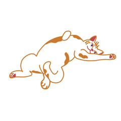 Fototapeta premium Cute cat lying down Digital illustration isolated Red and white cat on white background Cartoon flat illustration isolated on white background Lovely kitten Graphic element for design and website