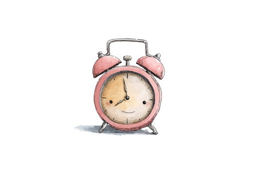 Vintage pink alarm clock with cute smiling face illustration