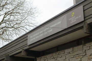 Naklejka premium building exterior and sign of The George and Kathy Dembroski Centre for Horticulture located at Edwards Gardens located at 777 Lawrence Av E, Toronto