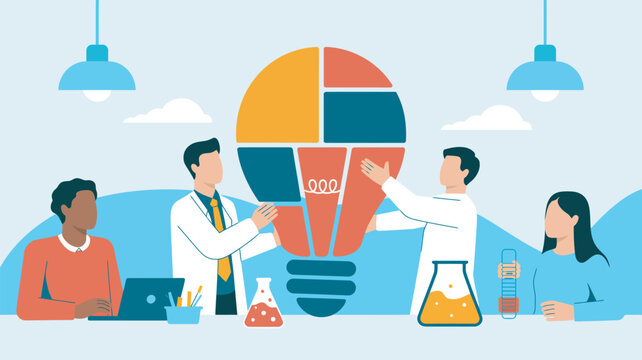 A diverse group of people collaborating on a creative project with a large lightbulb and scientific equipment