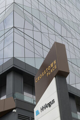 Naklejka premium roadside business directory at Crosstown Place office building, indicating tenants including H.H. Angus and Associates Ltd., 1176 Eglinton Ave E, Toronto