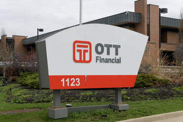 Naklejka premium roadside pylon sign outside OTT financial headquarters at 1123 Leslie St; a hub for fintech and wealth management in Toronto, April 2026
