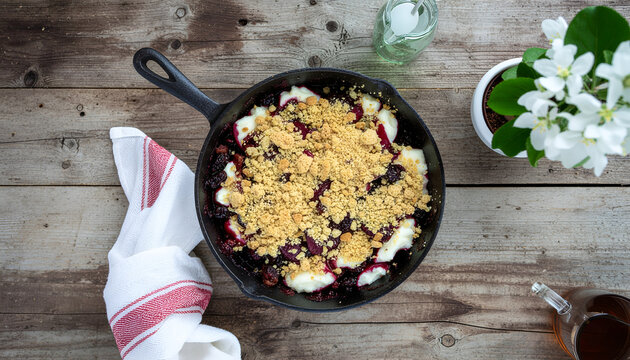 Rustic berry crumble in cast iron skillet on wooden table.