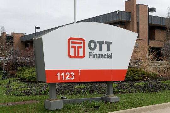 roadside pylon sign outside OTT financial headquarters at 1123 Leslie St; a hub for fintech and wealth management in Toronto, April 2026