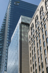 Naklejka premium looking west (north side) on Adelaide St W to (Northern Ontario Building, 330 Bay St); BELL Canada (76 Adelaide St W), and EY Tower (100 Adelaide St W), Toronto