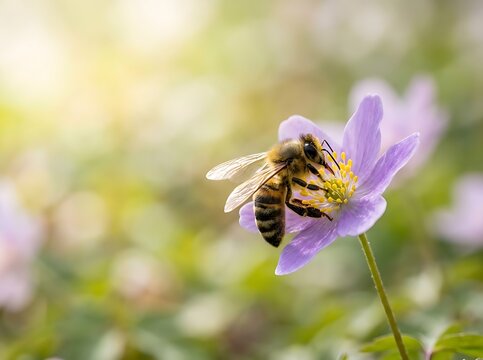 Bee on Purple Flower Collecting Nectar, Spring Macro Scene