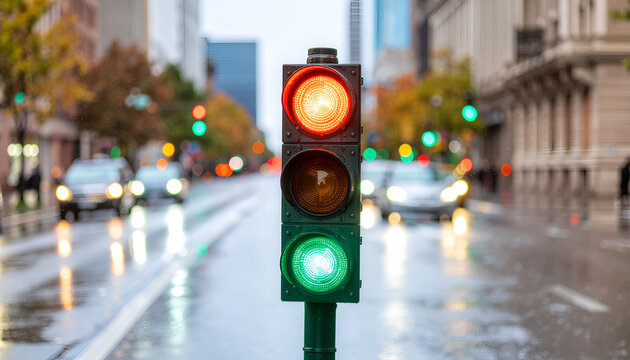 Rainy urban street with traffic signal showing red and green lights in focus.