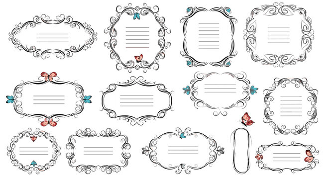 Collection of twelve vintage decorative frames and labels with ornate borders and colorful butterfly accents for elegant stationeries.