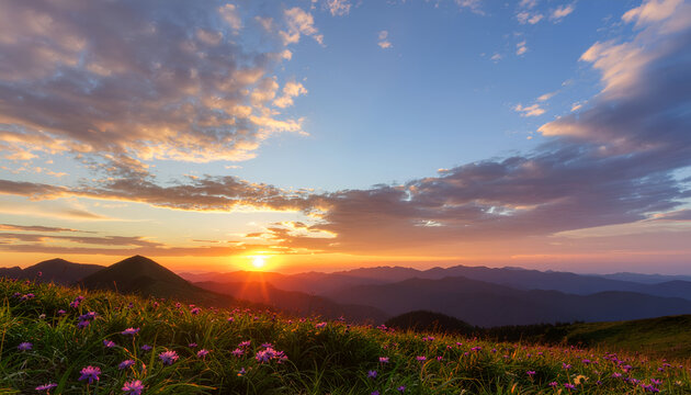 Vibrant mountain meadow sunset over rolling ranges and wildflowers.
