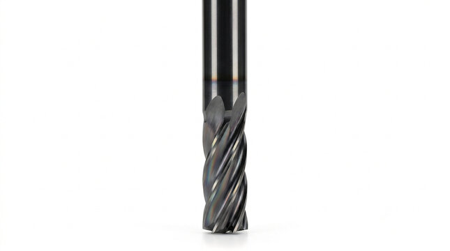Solid carbide end mill with DLC coating. Shimmering dark metallic finish with razor-sharp symmetrical spiral flutes. Isolated on white.