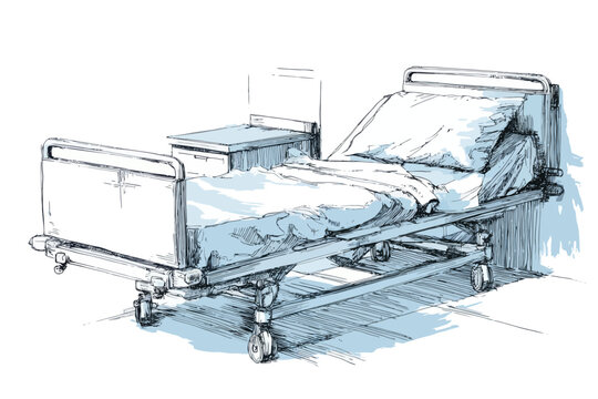 Illustrated hospital bed with sheets and pillow in medical setting