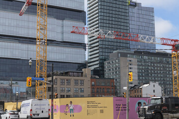 Obraz premium construction site with crane (Ontario Line, Corktown Station, King St E, Berkeley, Lower River, Parliament), Toronto
